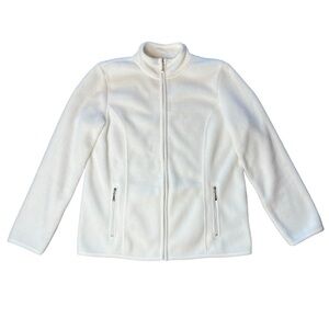 Karen Scott Sport Fitted White Fleece Jacket with Zipper Pockets, Women’s Small
